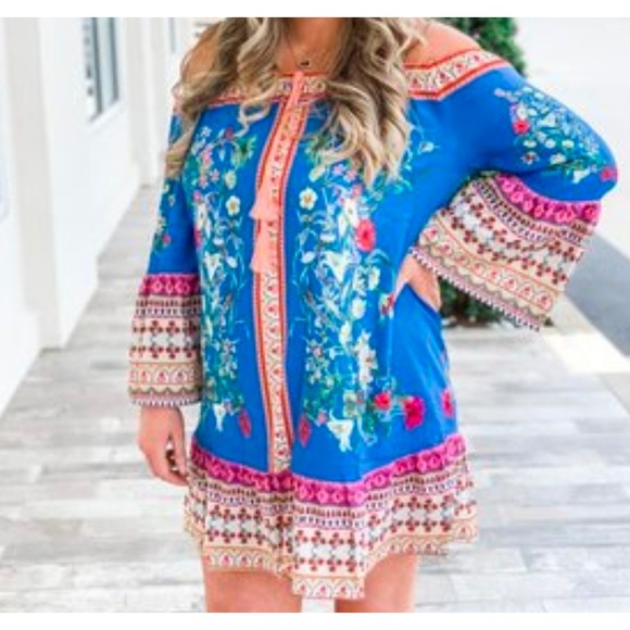 Umgee Dresses & Skirts - Umgee Boho 2Pc Lot Sz‎ Lg Floral Off Shoulder Babydoll Tunic Dress & Blouse #573